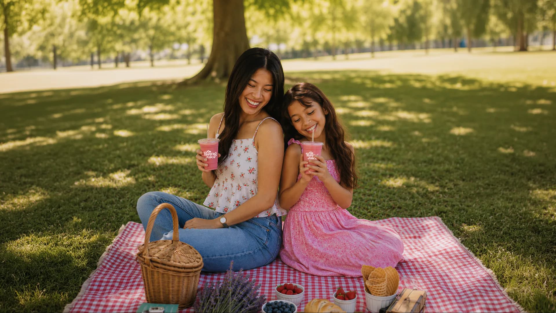 A mother and daughter sharing Being Juice smoothies on a picnic blanket